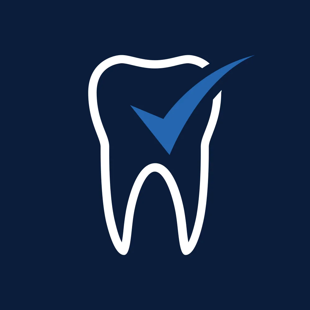 A stylized tooth icon with a blue checkmark, symbolizing dental care and approval, set against a dark blue background.