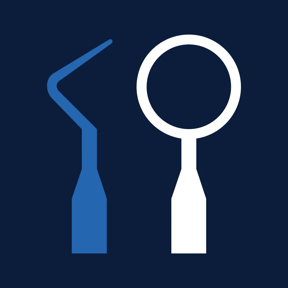 Two dental tools on a dark blue background: a curved scaler in blue and a circular mirror in white. Simple and modern design.