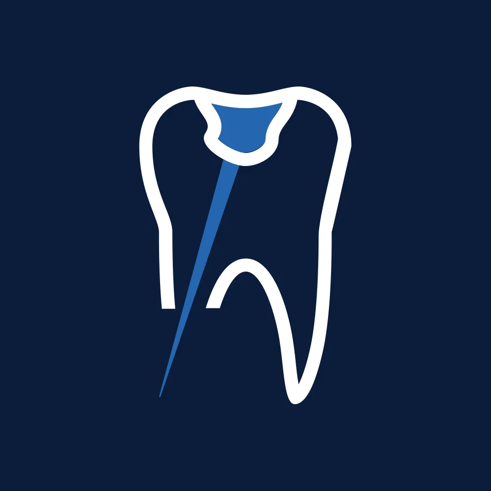 A stylized, blue and white tooth icon against a dark background, symbolizing dental health and care.