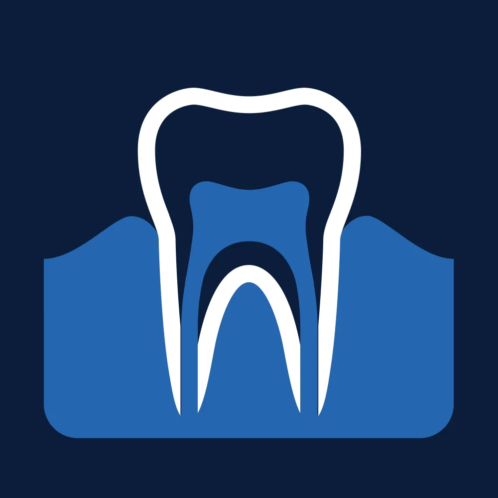 Stylized illustration of a tooth with roots, set against a dark blue background, symbolizing dental health and care.