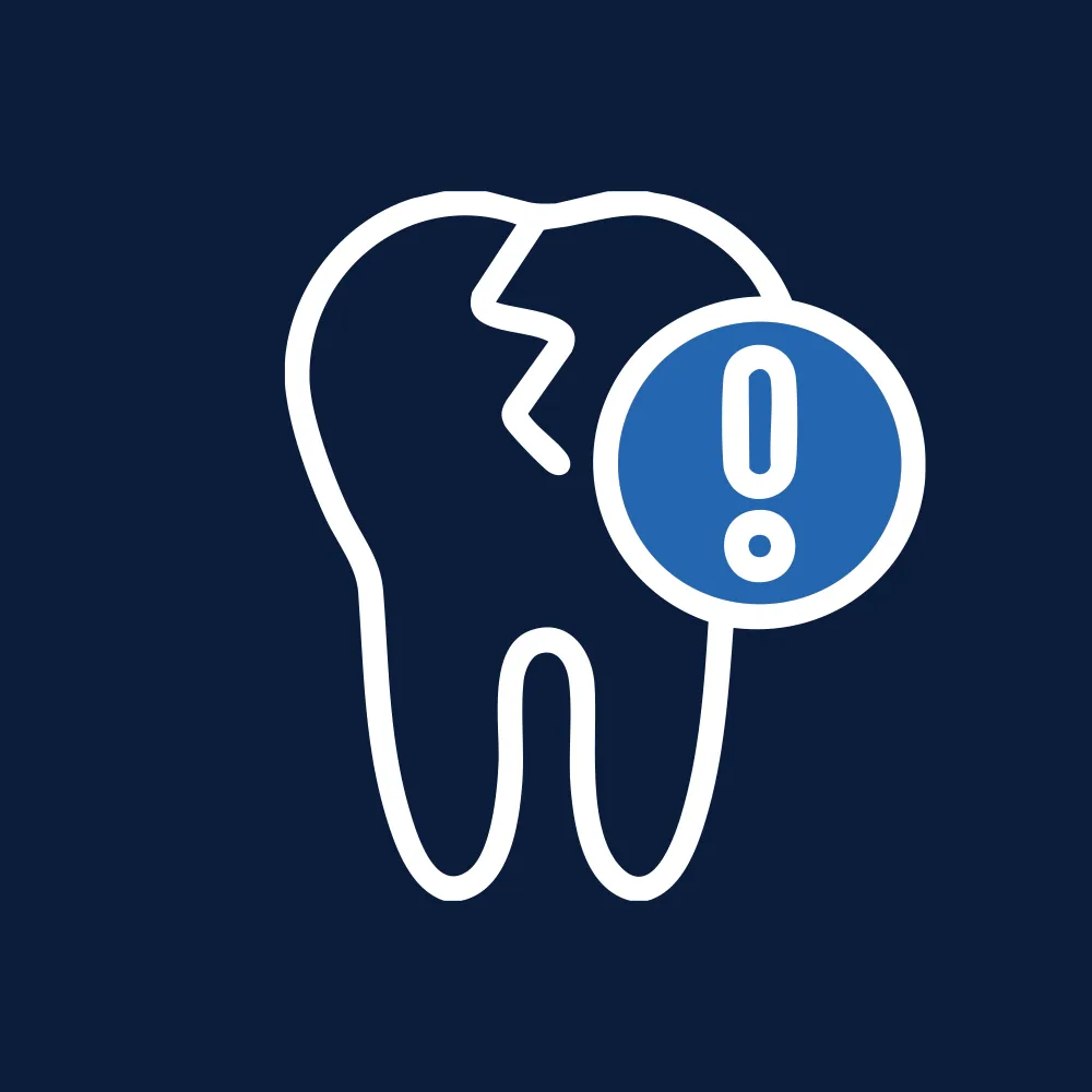 An illustration of a cracked tooth with a blue exclamation mark, representing dental issues or emergencies.